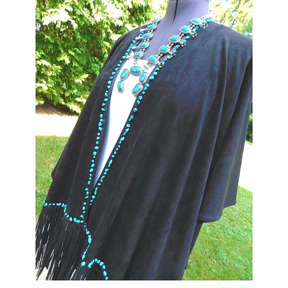 Black Thick Faux Suede and Leather Fringe Boho Poncho  Turquoise Stone Beads O/S - Picture 2 of 6